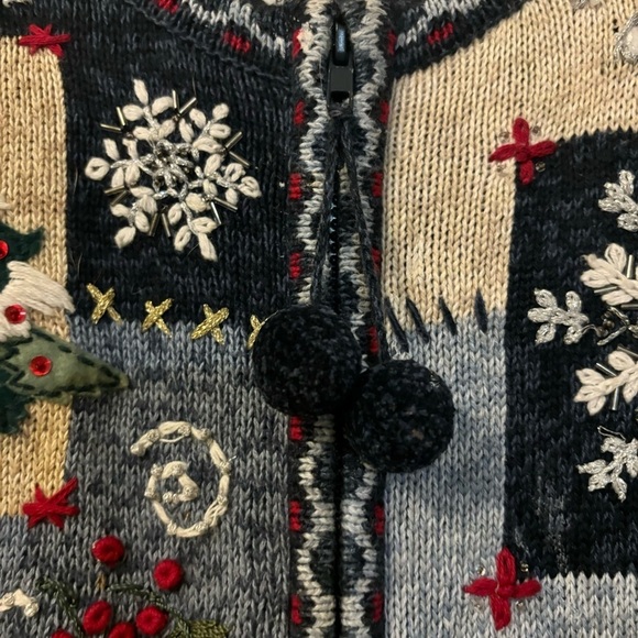 Vintage Tiara Blue Holiday Christmas Patchwork Pom Pom Tassel Cardigan Sweater - Picture 3 of 11